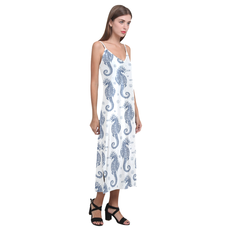 Seahorse pattern background V-Neck Open Fork Long Dress
