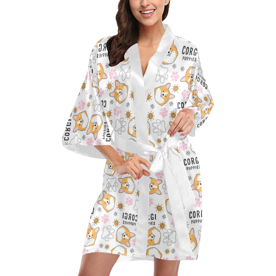 Corgi Dog Pattern Women's Short Kimono Robe