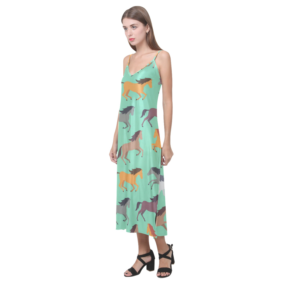 Colorful horses pattern V-Neck Open Fork Long Dress