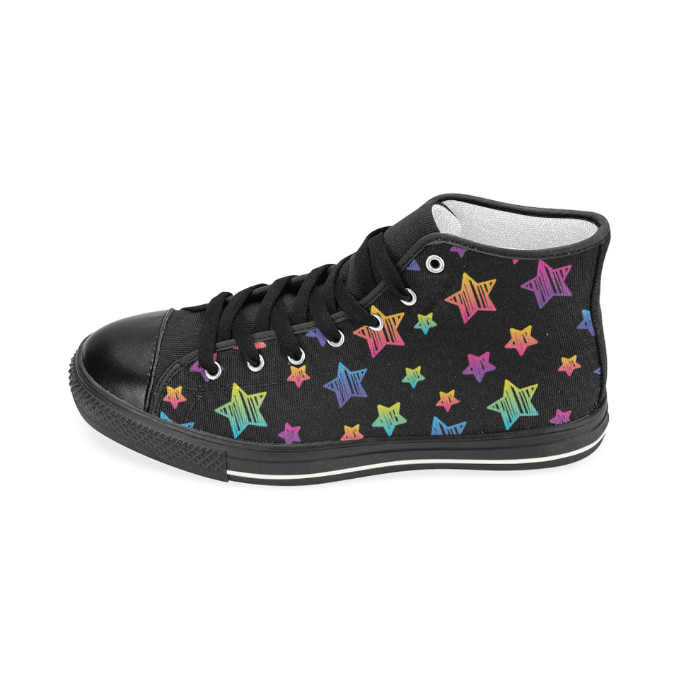 Colorful star pattern Women's High Top Canvas Shoes Black