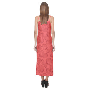 strawberry pattern red background V-Neck Open Fork Long Dress