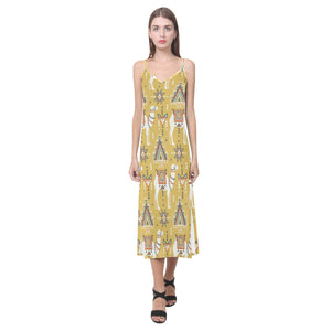 Camels ethnic motif pattern V-Neck Open Fork Long Dress