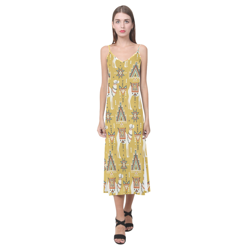 Camels ethnic motif pattern V-Neck Open Fork Long Dress