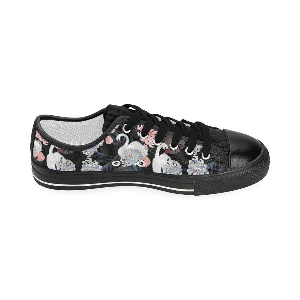 white swan blooming flower pattern Kids' Boys' Girls' Low Top Canvas Shoes Black