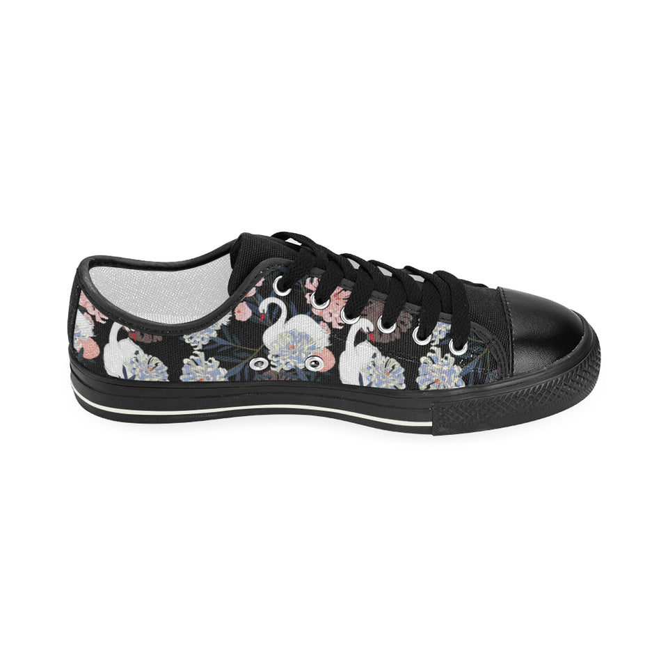 white swan blooming flower pattern Women's Low Top Canvas Shoes Black
