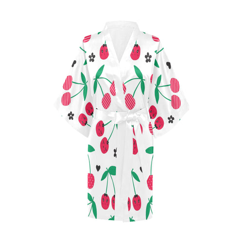 cherry pattern white background Women's Short Kimono Robe
