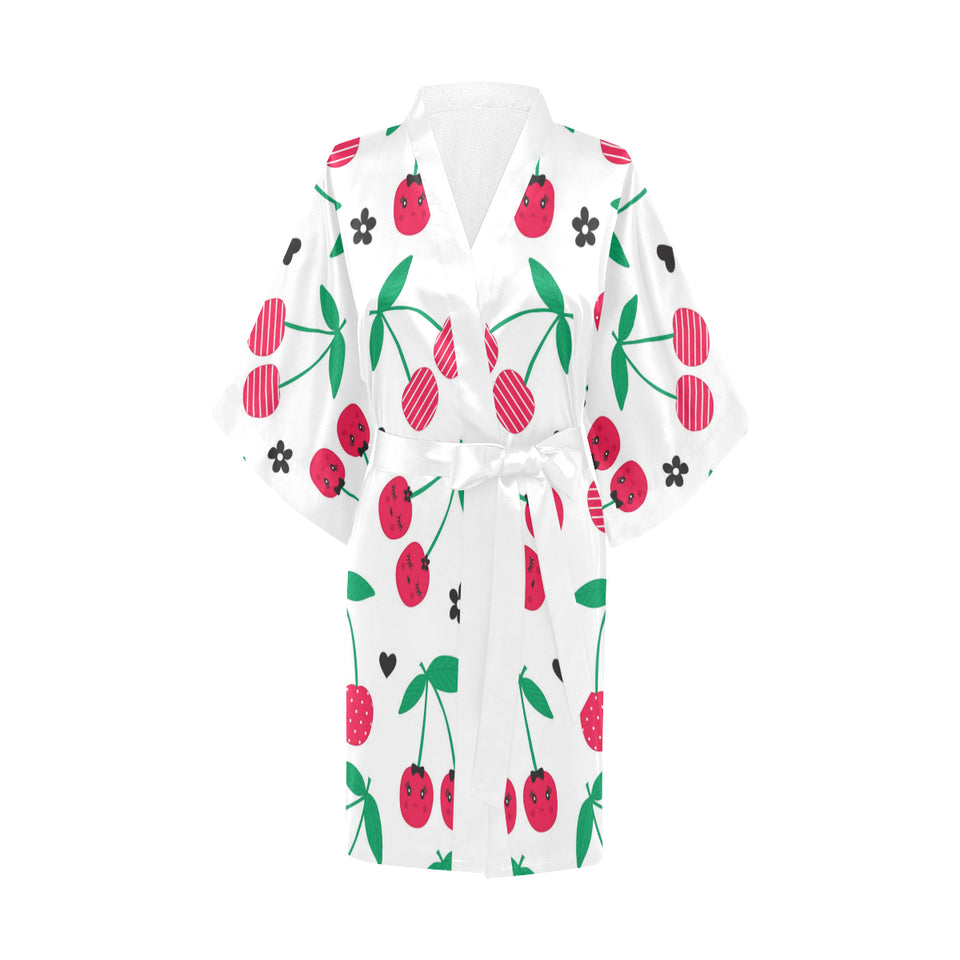 cherry pattern white background Women's Short Kimono Robe
