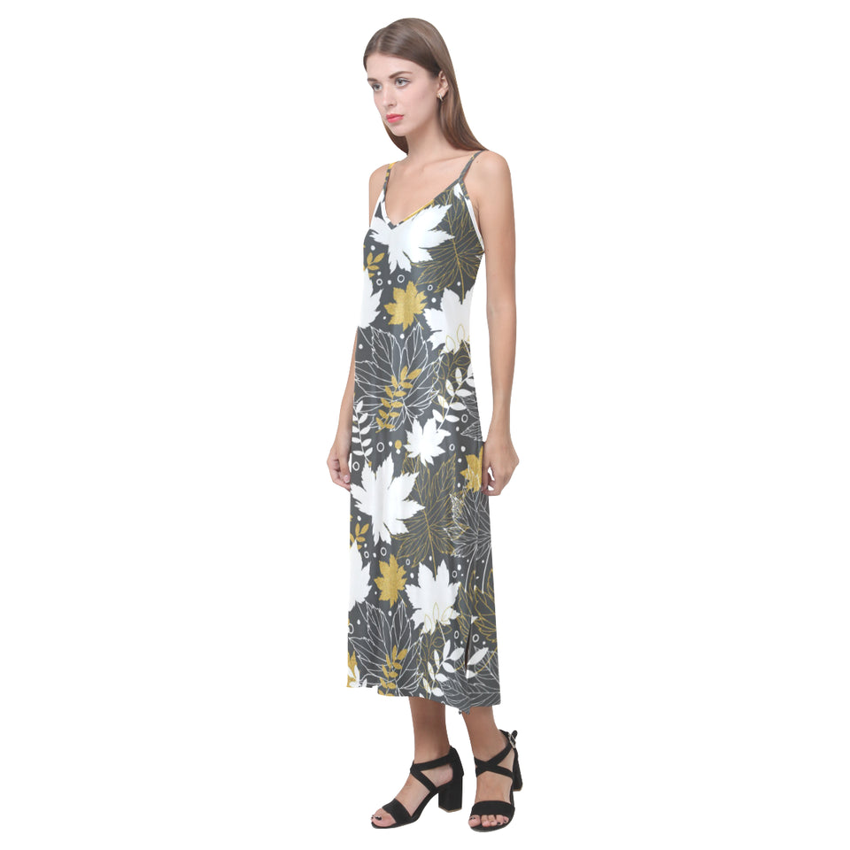 Beautiful gold autumn maple leaf pattern V-Neck Open Fork Long Dress