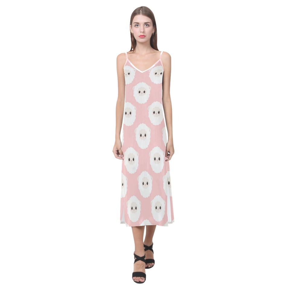 Cute sheep pattern V-Neck Open Fork Long Dress