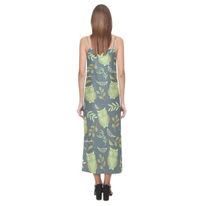 Cute owls leaves pattern V-Neck Open Fork Long Dress