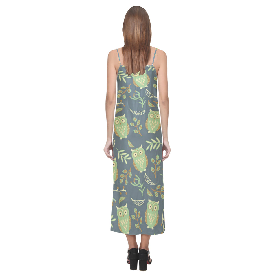Cute owls leaves pattern V-Neck Open Fork Long Dress