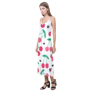 cherry pattern white background V-Neck Open Fork Long Dress