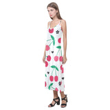 cherry pattern white background V-Neck Open Fork Long Dress