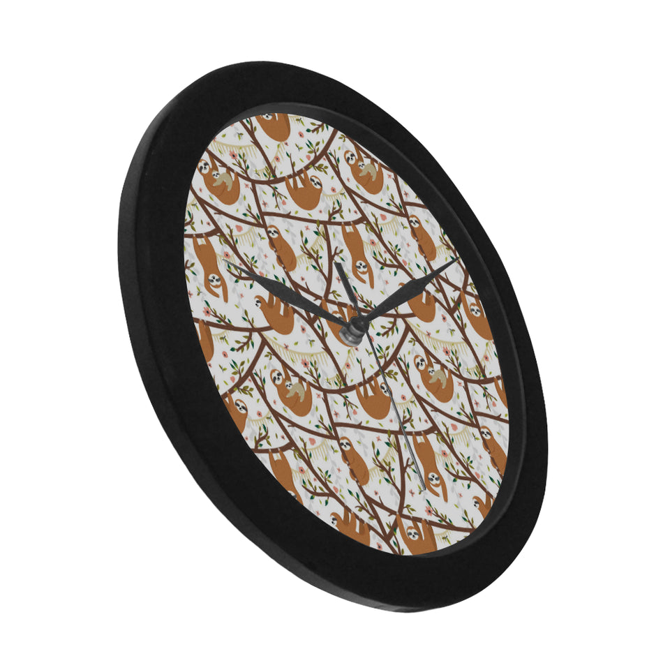 Sloths hanging on the tree pattern Elegant Black Wall Clock