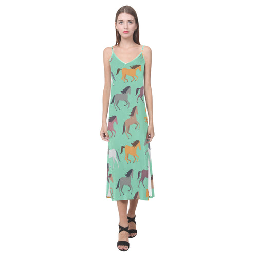 Colorful horses pattern V-Neck Open Fork Long Dress