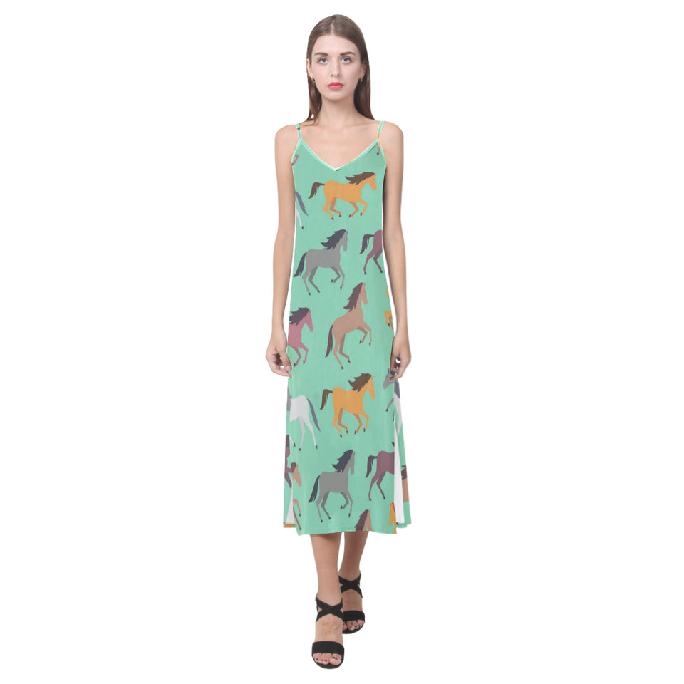 Colorful horses pattern V-Neck Open Fork Long Dress