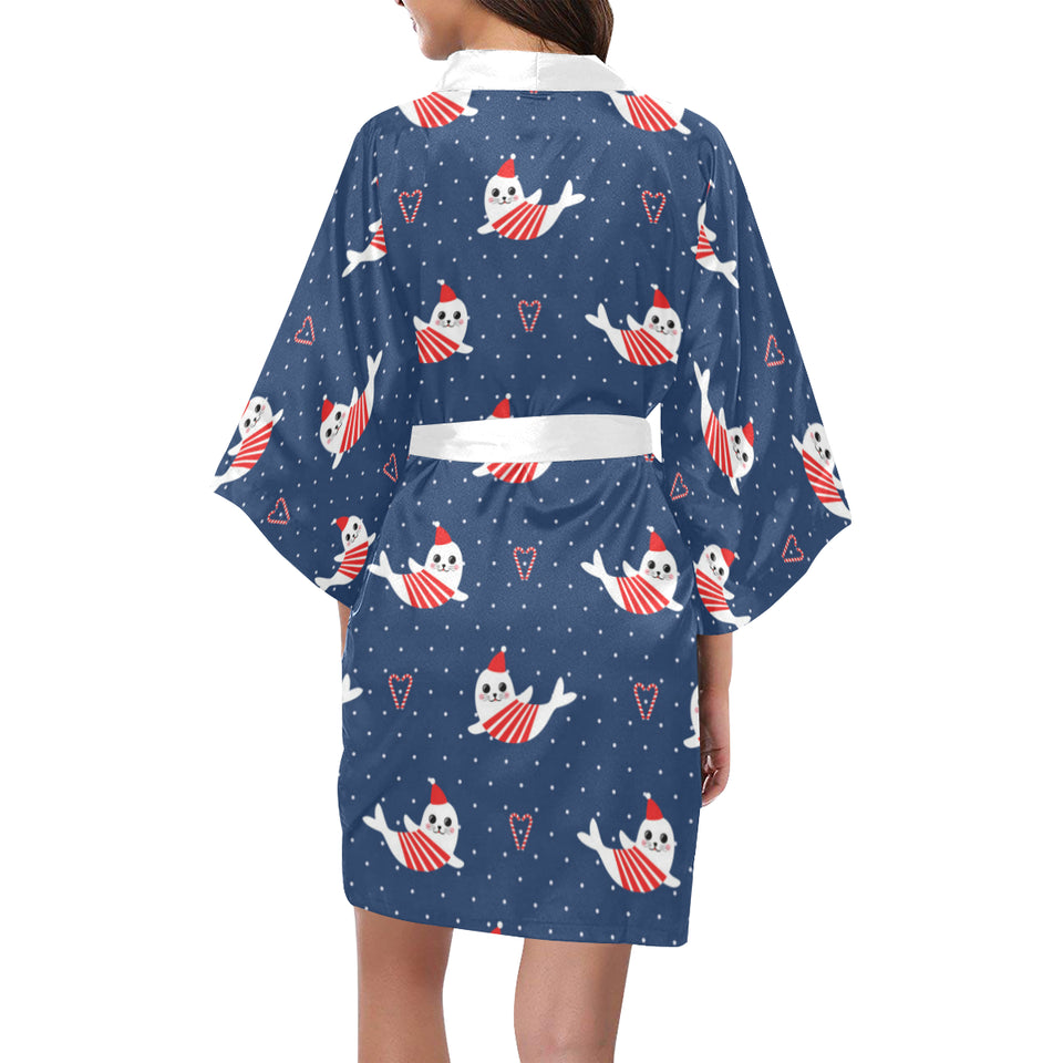 Cute sea lion seal christmas hat candy cane heart Women's Short Kimono Robe