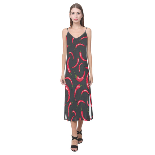 Chili peppers pattern black background V-Neck Open Fork Long Dress
