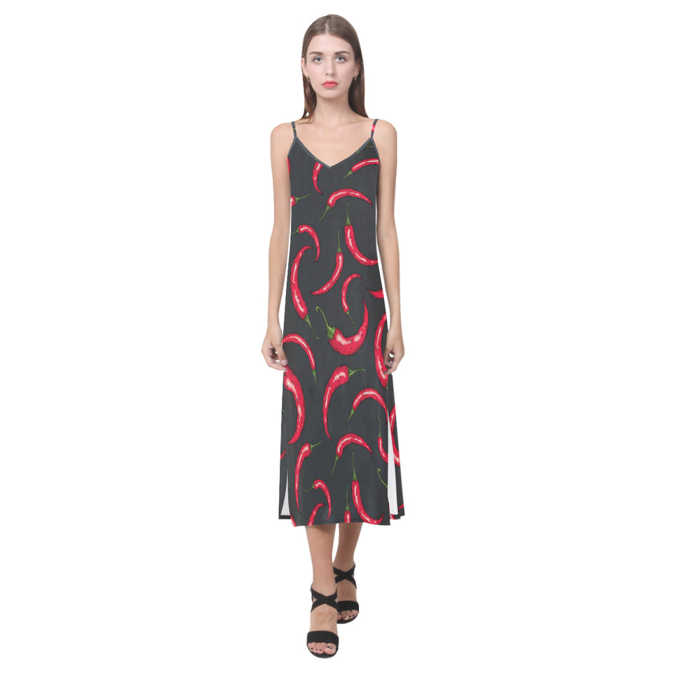 Chili peppers pattern black background V-Neck Open Fork Long Dress