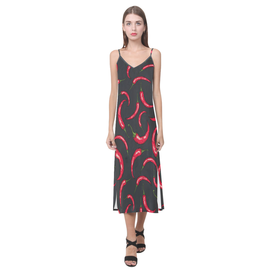 Chili peppers pattern black background V-Neck Open Fork Long Dress