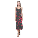 Chili peppers pattern black background V-Neck Open Fork Long Dress