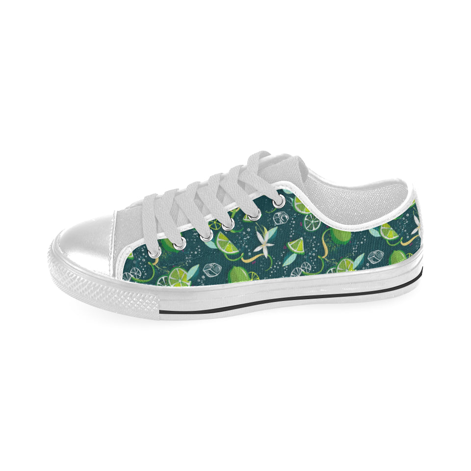 Lime ice flower pattern Men's Low Top Canvas Shoes White