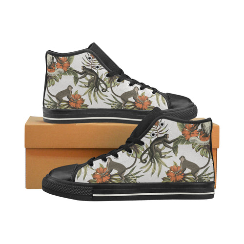 Monkey red hibiscus flower palm leaves floral patt Women's High Top Canvas Shoes Black