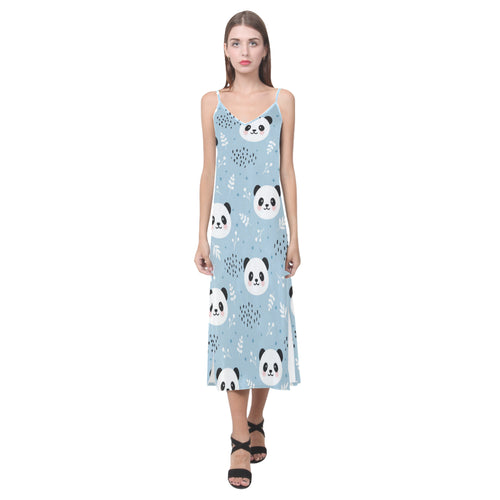 Cute panda pattern V-Neck Open Fork Long Dress