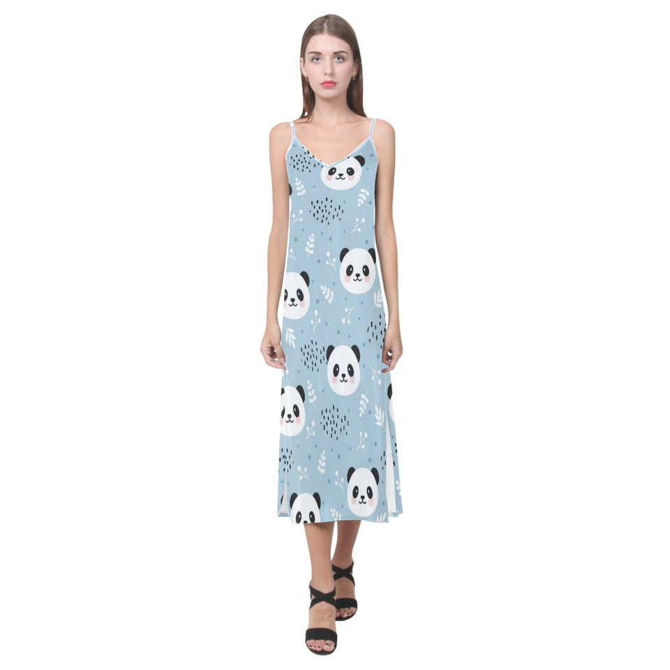 Cute panda pattern V-Neck Open Fork Long Dress