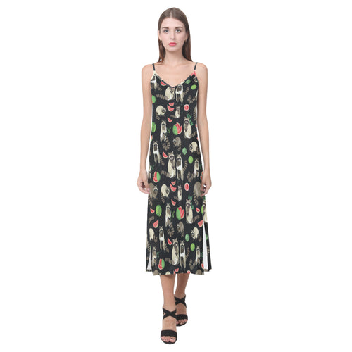 Raccoon watermelon pattern V-Neck Open Fork Long Dress