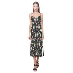 Raccoon watermelon pattern V-Neck Open Fork Long Dress