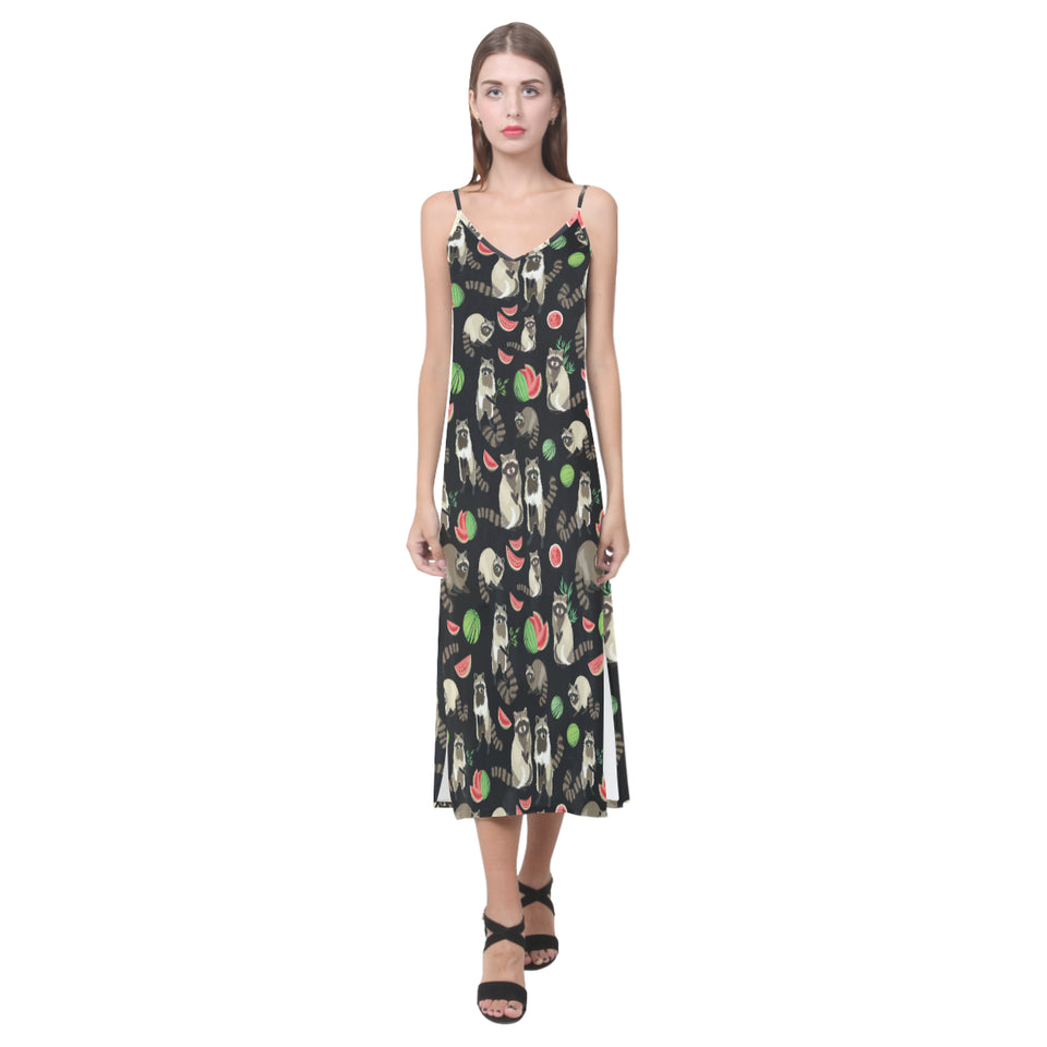 Raccoon watermelon pattern V-Neck Open Fork Long Dress