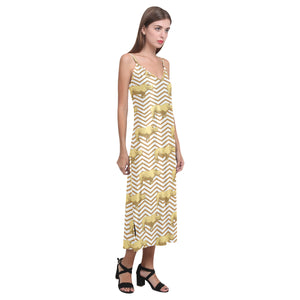 Rhino yellow theme pattern V-Neck Open Fork Long Dress