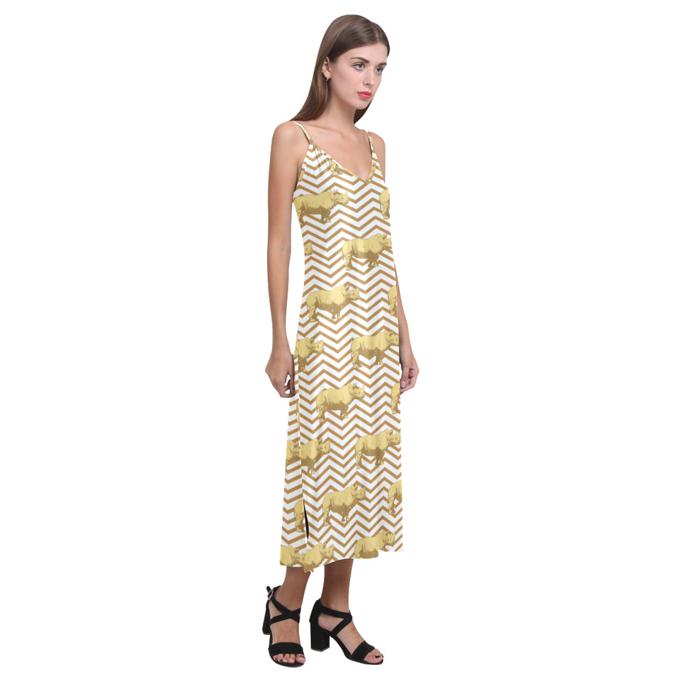 Rhino yellow theme pattern V-Neck Open Fork Long Dress
