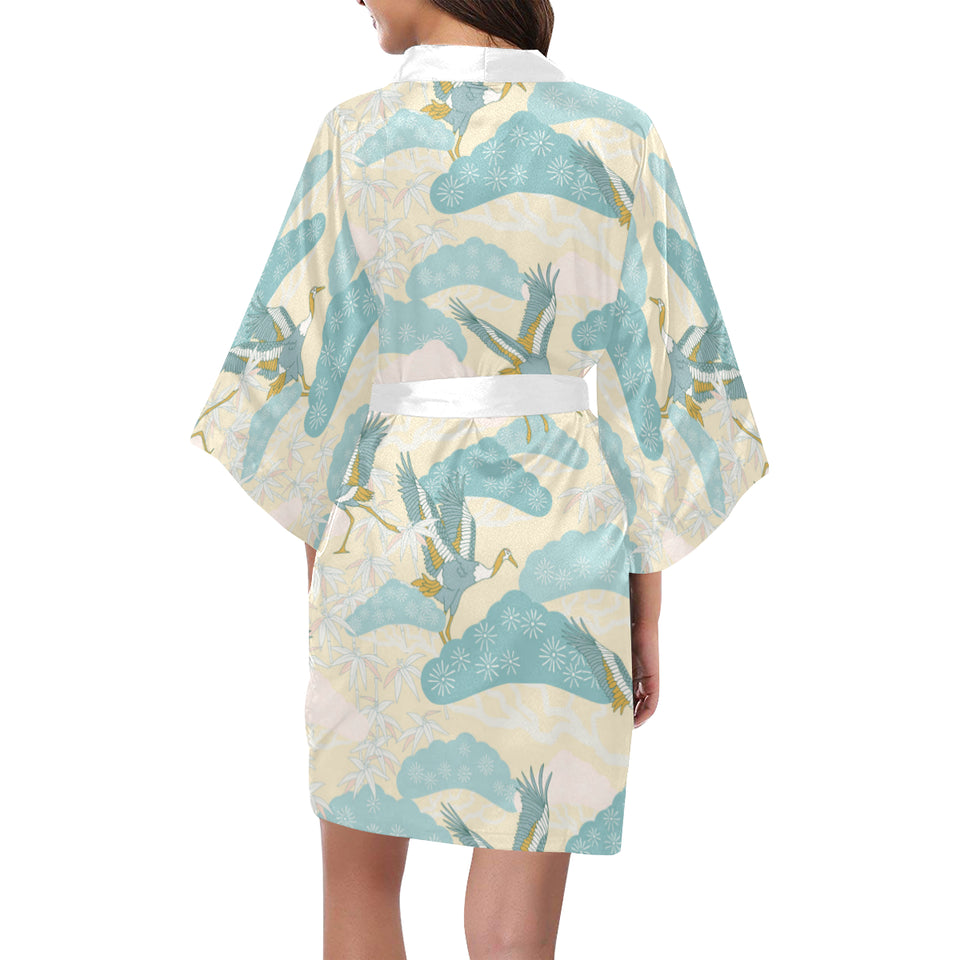 Bonsai bamboo stork japanese pattern cream theme Women's Short Kimono Robe