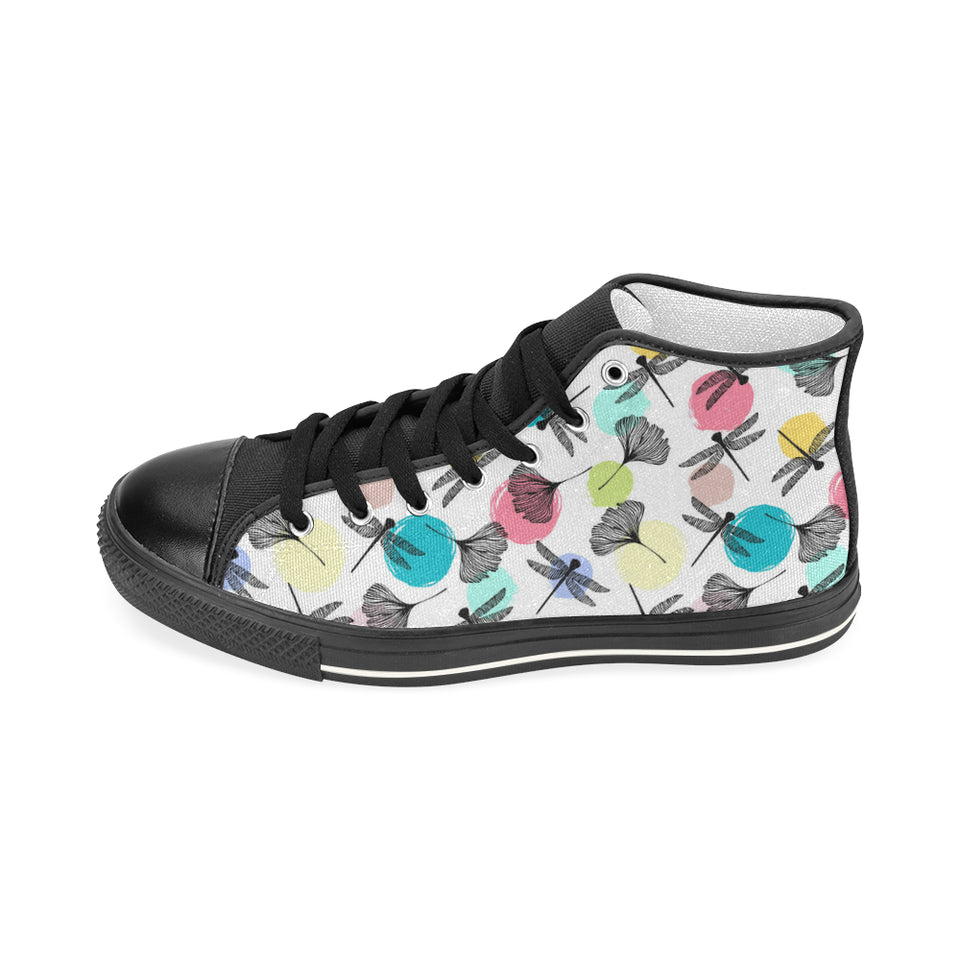Dragonflies ginkgo leaves pattern Women's High Top Canvas Shoes Black