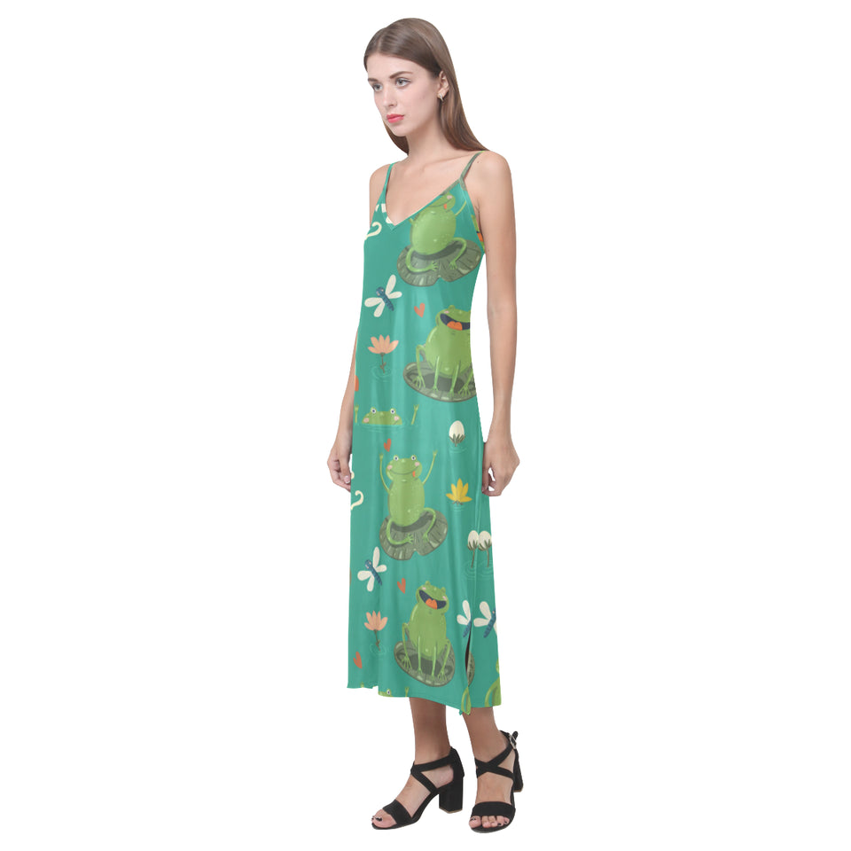 Cute frog dragonfly design pattern V-Neck Open Fork Long Dress