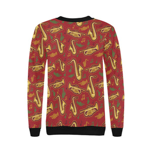 Saxophone cornet pattern red background Women's Crew Neck Sweatshirt