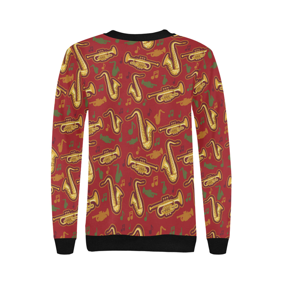 Saxophone cornet pattern red background Women's Crew Neck Sweatshirt