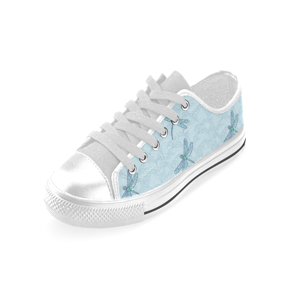 Dragonfly pattern blue background Men's Low Top Shoes White