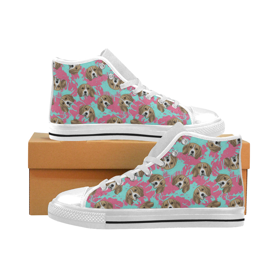 Beagle muzzles turquoise paint splashes pink patte Men's High Top Canvas Shoes White