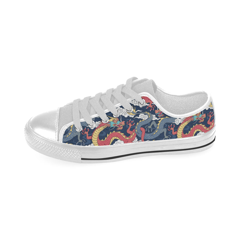 Blue red dragon cloud pattern Men's Low Top Canvas Shoes White