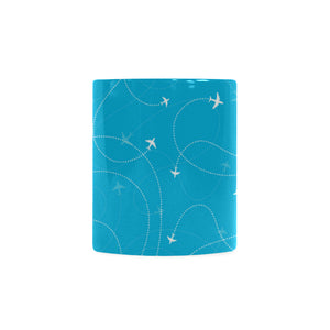 Airplane destinations blue background Classical White Mug (Fulfilled In US)