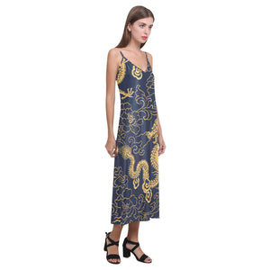 Gold dragon pattern V-Neck Open Fork Long Dress