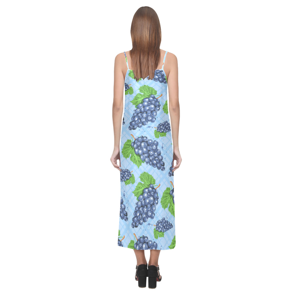 Watercolor grape pattern V-Neck Open Fork Long Dress