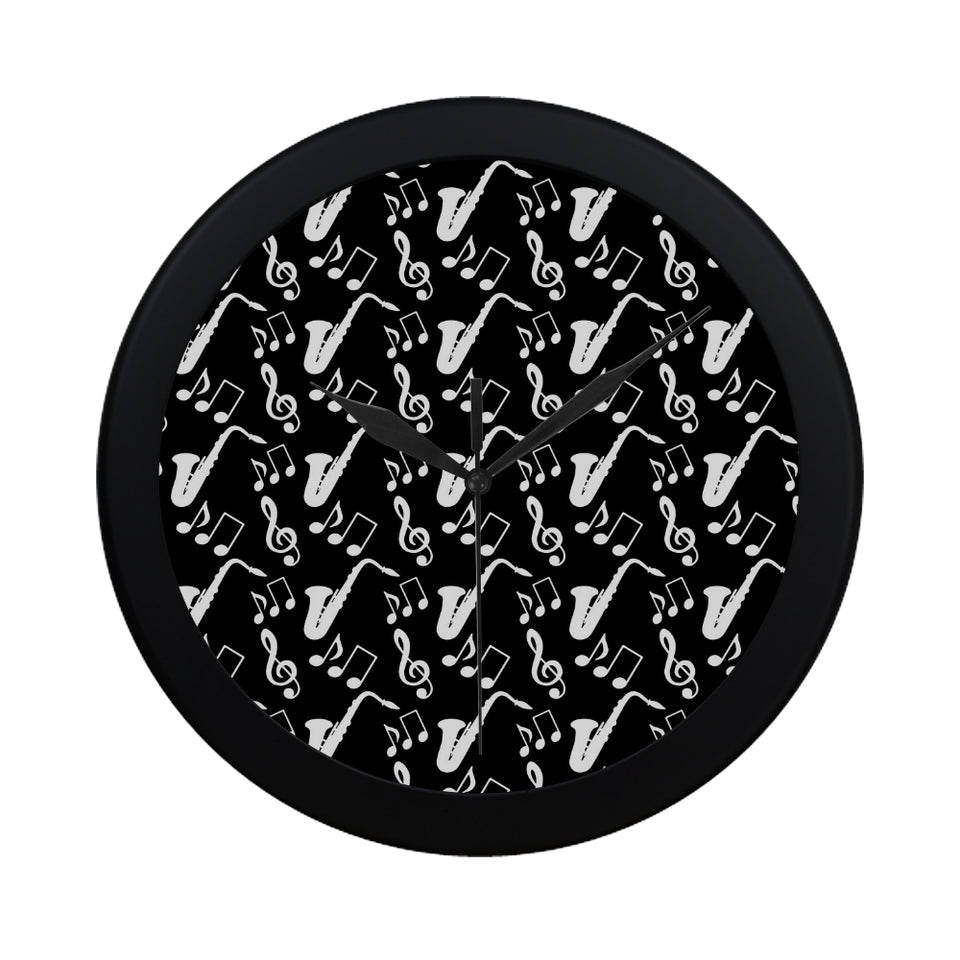Saxophone music notes treble clef black white them Elegant Black Wall Clock