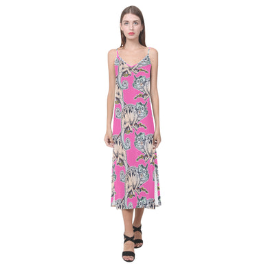 Chameleon lizard pattern pink background V-Neck Open Fork Long Dress