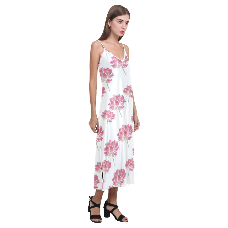 Pink lotus waterlily pattern V-Neck Open Fork Long Dress