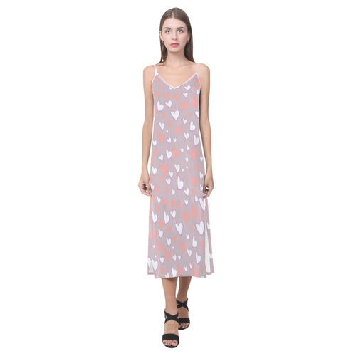 coral white heart pattern V-Neck Open Fork Long Dress