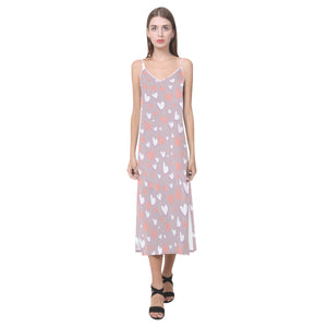 coral white heart pattern V-Neck Open Fork Long Dress